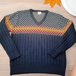 Vtg Montgomery Ward Argyle Navy Blue V Neck Knit Sweater Granpacore